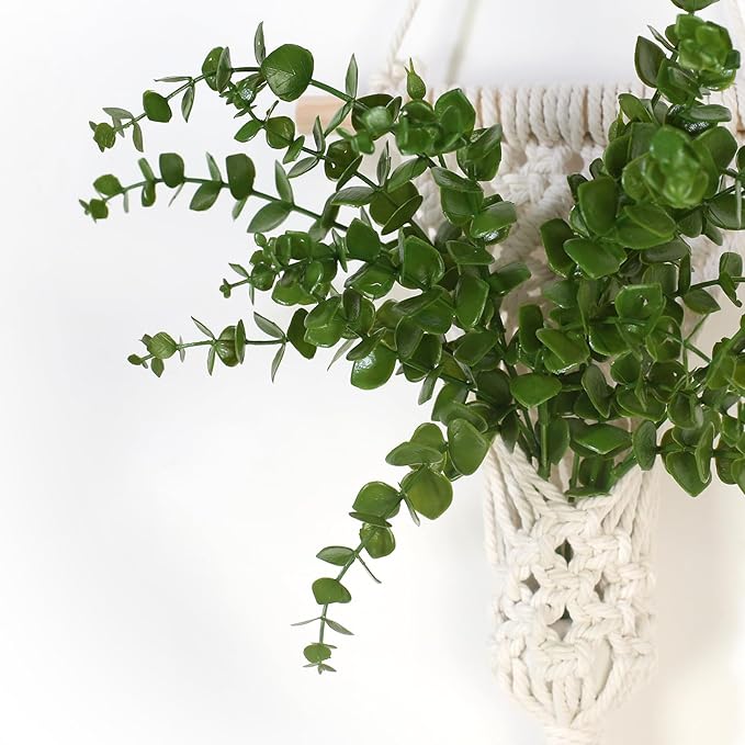 Macrame Wall Hanging Plants with LED Lights, White Cotton Rope, Wooden Dowel, Boho Woven Plant Holders with Artificial Eucalyptus Leaves, wall Decor, Set of 2 (Green)