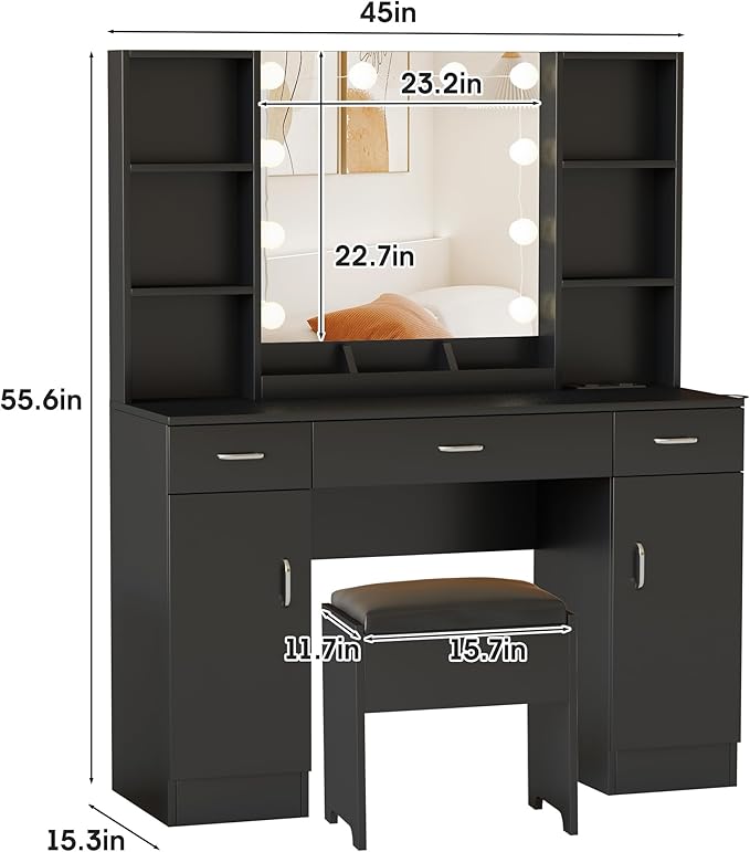 Makeup Vanity Table with Lighted Mirror & Power Outlets, Large Vanity Set Vanity Desk with Storage Stool, 3 Drawers, 3 Lighting Modes Brightness Adjustable, 45inch, Black