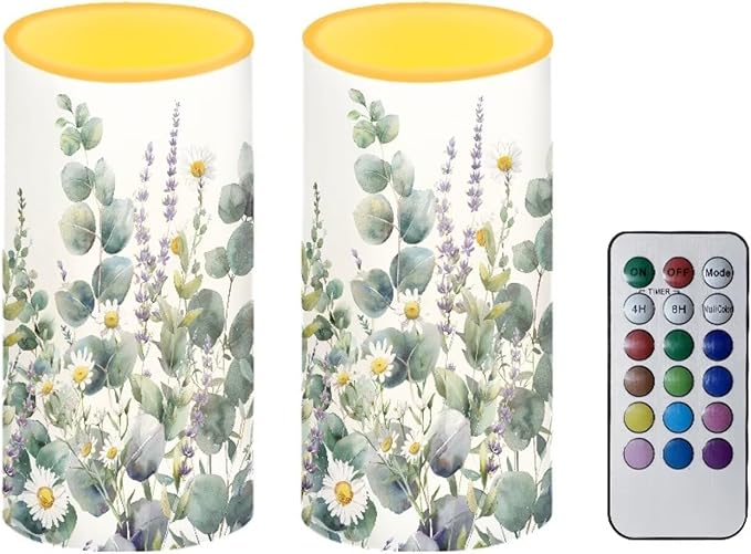 Floral Leaves Flameless Candles 2 Pack 6 x 3 inch Battery Operated Candles with Multicolor Timer Remote Control LED Fake Candles for Warm Light Dinner Table Home Decor