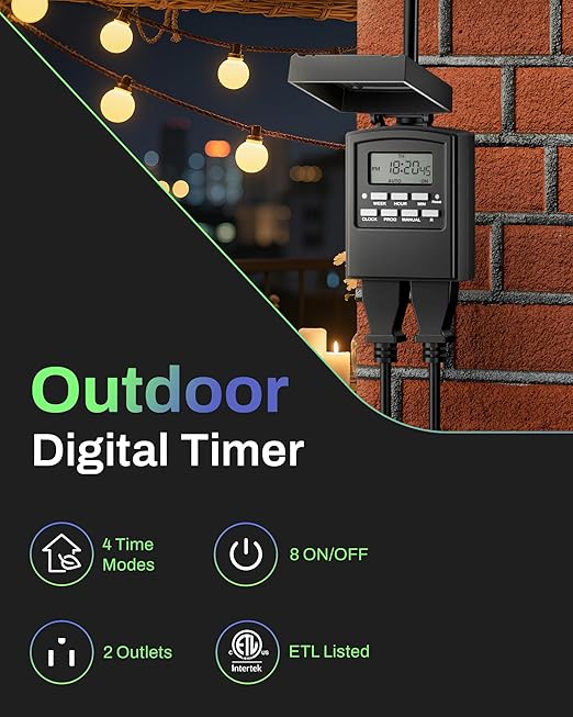 BN-LINK 7 Day Outdoor Heavy Duty Digital Programmable Timer, Outdoor Timer Outlet Waterproof, 2 Grounded Electrical Outlets for Christmas Lights, ETL Listed（2 Pack）