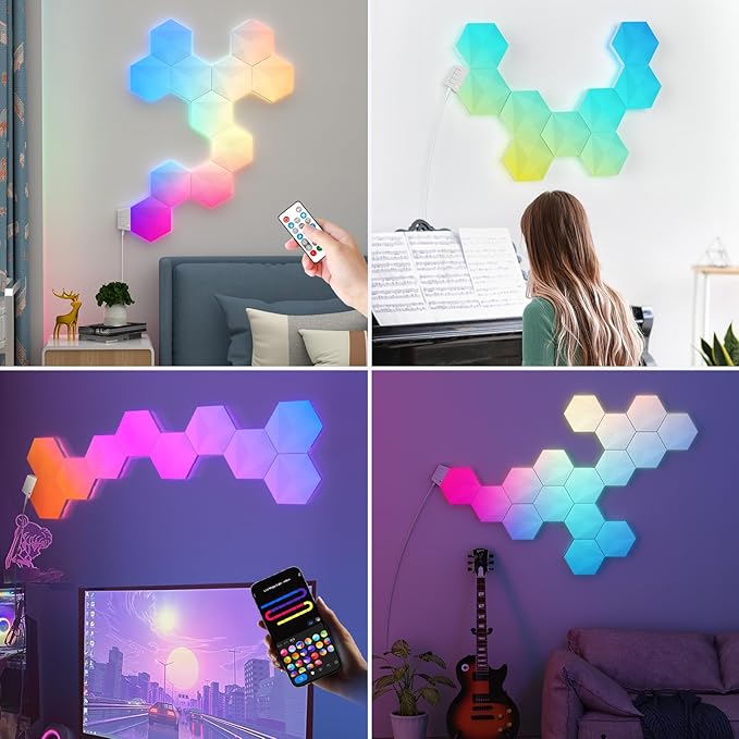 Pak Hexagon Lights 9 Packs DIY LED Light, RGB+IC Creative Gaming Lights Wall Décor with Remote, with APP Smart Modular Panel Hex Tiles, Push Glide Expansion Shape with Music Sync, Voice Control