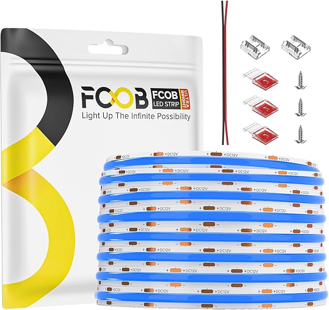 COB Blue LED Strip Light 16.4FT 12V Flexible High Density Uniform Bright 480LEDs/m Strips CRI90+ 8MM Width Dimmable COB LED Tape for Cabinet Kitchen Indoor Decor, No Adapter/Controller