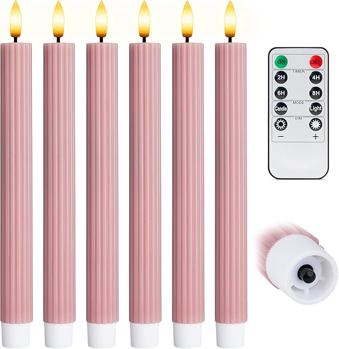 6 Pack, 10" LED Flameless Dusty Rose Fluted Ribbed Grooved Taper Candles, Remote & 24h Timer Memory, On/Off Button, Dimmable, Flicker Mode, Battery Operated, Christmas Menorah Wedding
