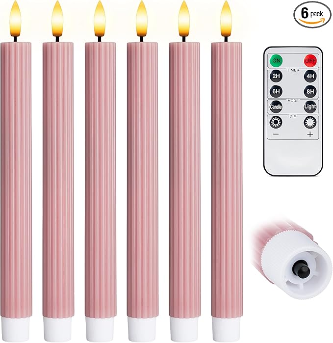 WYZworks 10" Fluted Ribbed LED Dusty Rose Grooved Pillar Candles, Remote & 24h Timer Memory, On/Off Switch - Flameless Dimmable Battery Operated w/Flicker Mode, Home Wedding Decor (6 Pack)