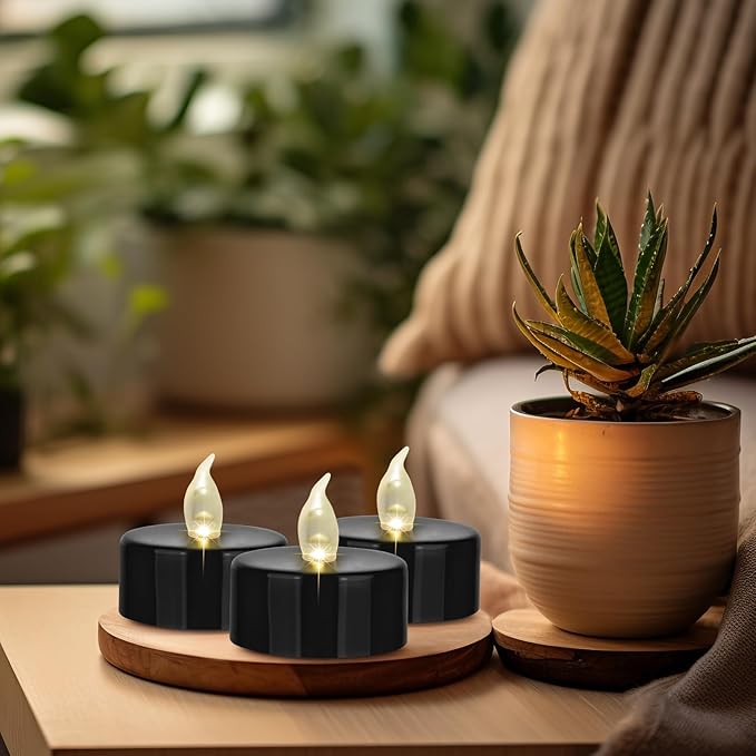 Hanzim Battery Operated LED Tea Lights: 24PACK Flameless Votive Candles Lamp Realistic and Bright Flickering Holiday Gift Long Lasting 200Hours for Seasonal & Festival Celebration Black
