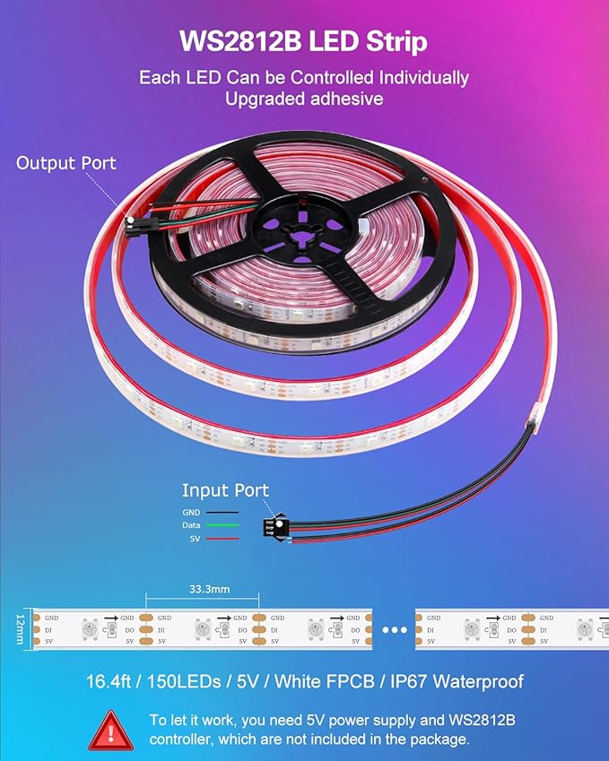 ALITOVE WS2812B Addressable LED Strip Lights Outdoor Upgraded Adhesive Programmable LED Tape Lights 16.4FT 150 Pixels Waterproof IP67 5V, Replacement for WS2811 SK6812 Strip (No Power & Controller)