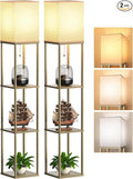 PARTPHONER Floor Lamp with Shelves for Living Room Natural Wood 2 Pack, Shelf Floor Lamp with 3 CCT LED Bulb, Corner Display Standing Column Lamp Etagere Organizer Tower Nightstand for Bedroom Office