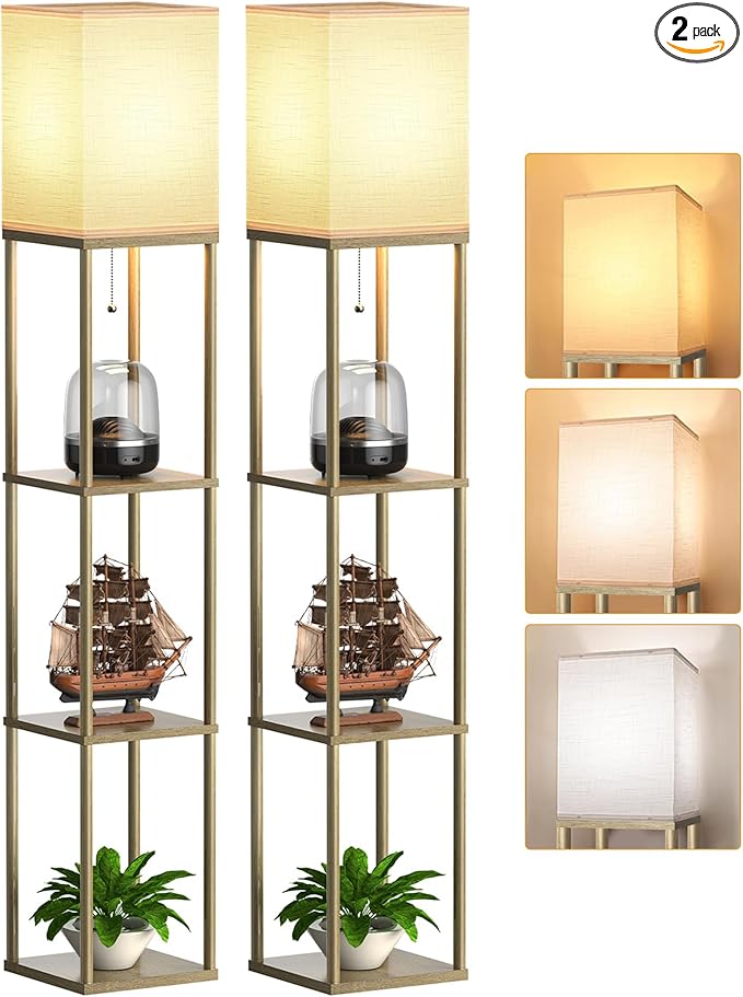 PARTPHONER Floor Lamp with Shelves for Living Room Natural Wood 2 Pack, Shelf Floor Lamp with 3 CCT LED Bulb, Corner Display Standing Column Lamp Etagere Organizer Tower Nightstand for Bedroom Office