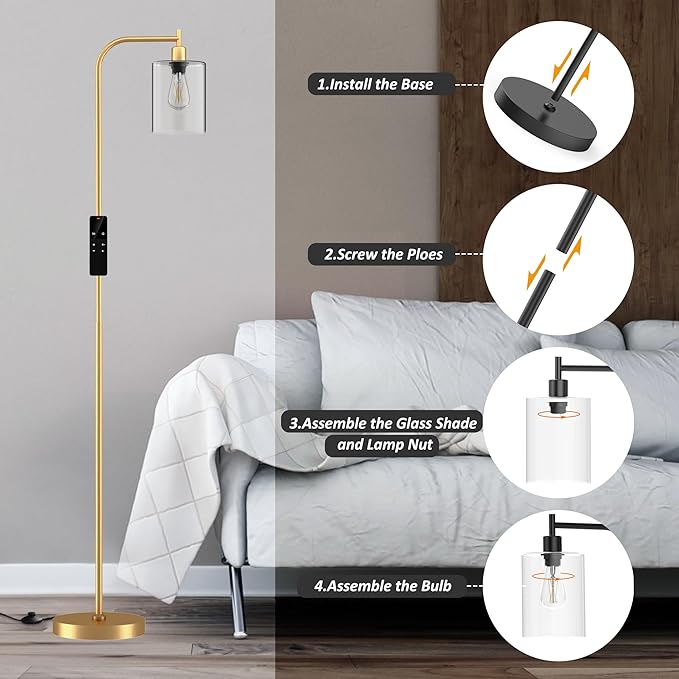 Industrial Floor Lamp with Glass Shade, Modern Dimmable Floor lamp with Remote LED Bulbs, Tall Lamp for Living Room Corner, Bedroom, Office (Gold)