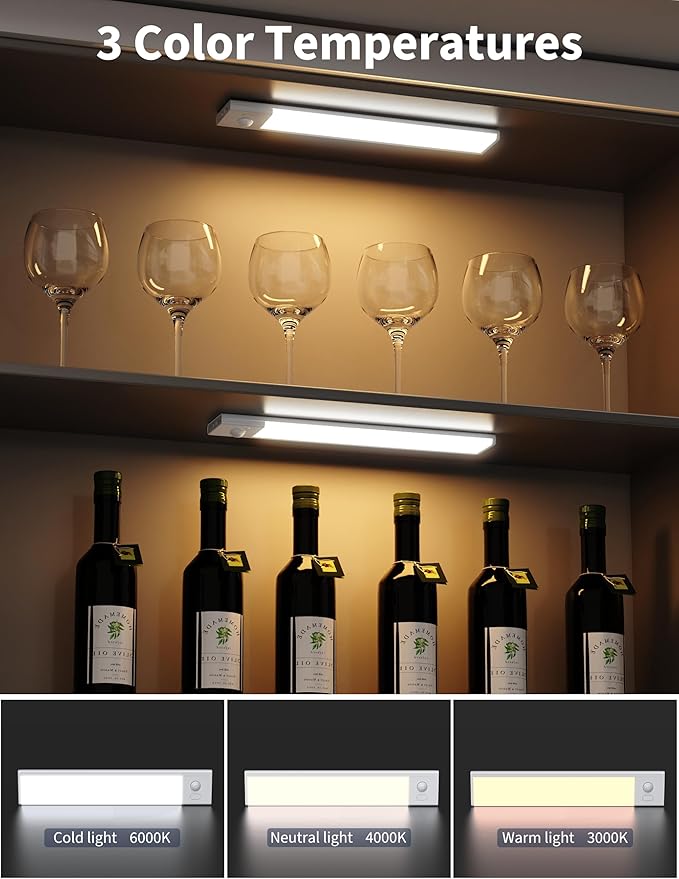 Joyzy 2 Pack 66 LED Motion Sensor Closet Lights, 9.2’’ Rechargeable Under Cabinet Lighting Magnetic Wireless 3 Color Temps & Dimmable Under Counter Light Motion Activated Pantry Light (110 Lumen)