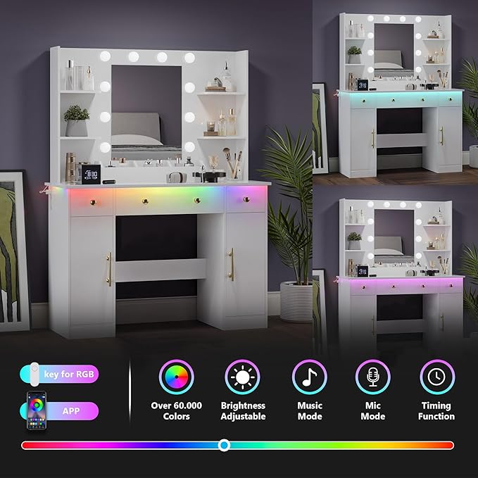 Makeup Vanity Desk with Mirror and Lights, 43" White Vanity Set with 3 Drawers, Power Outlet & Adjustable RGB LED Lights, Dressing Table with Storage Shelf for Women & Girls Bedroom