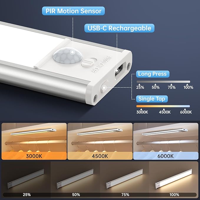 Under Cabinet Lighting,54 LED 1800mAh Rechargeable,Motion Sensor Light,3 Colors Dimmable,Magnetic Closet Lights,Indoor Night Lights for Kitchen Bedroom Stairs 5 Pack