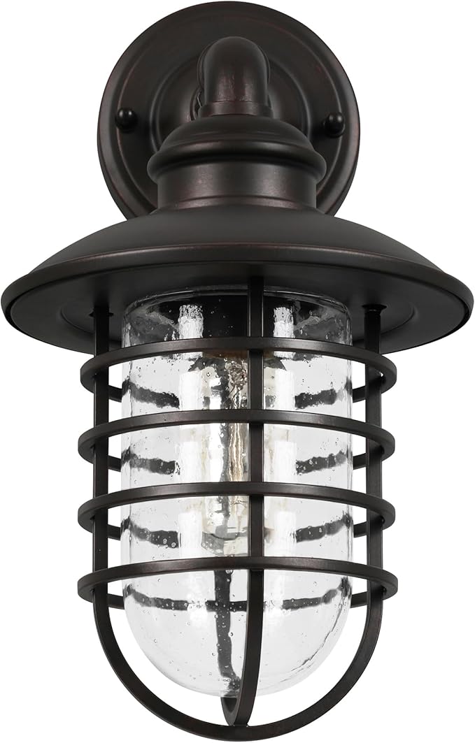 Design House 588970-BRZ Stevenson Rustic Industrial 1-Light Indoor Outdoor Dimmable Wall Light with Clear Seedy Glass and Metal Wire Shade for Kitchen Hallway Bedroom Bathroom Patio, Bronze
