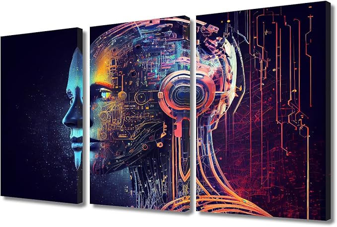 TUMOVO Artificial Intelligence Pictures Print for Living Room Decoration 3 Panel AI Wall Art Futuristic Technology Artwork for Home Office Wall Decoration Wooden Framed Ready to Hang, 36" Wx24 H