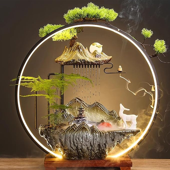 LED Halo Reflux I, Ceramic Zen Ornament with Rain Curtain Flowing Water Waterfall I Sitting, Suitable for Home Office Yoga Meditation Use