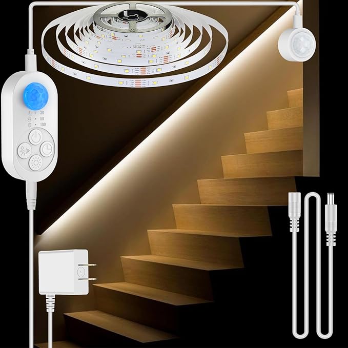 Dual Motion Sensor Light Indoor - Plug-in Motion Activated Step Stair LED Strip with Double Sensors, Dimmer and Timer for Stairway, Bedroom, Corridor (Warm White 3000K 16.4FT Light Strip)