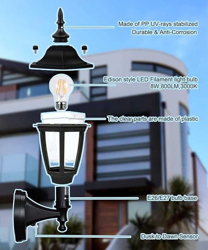 FUDESY Outdoor Wall Light Dusk to Dawn, Porch Sensor Light Black Plastic Anti-Corrosion with LED Edison Filament Bulb, Exterior Mount Lantern for House, Garage (1-Pack), FDS2542PS-B