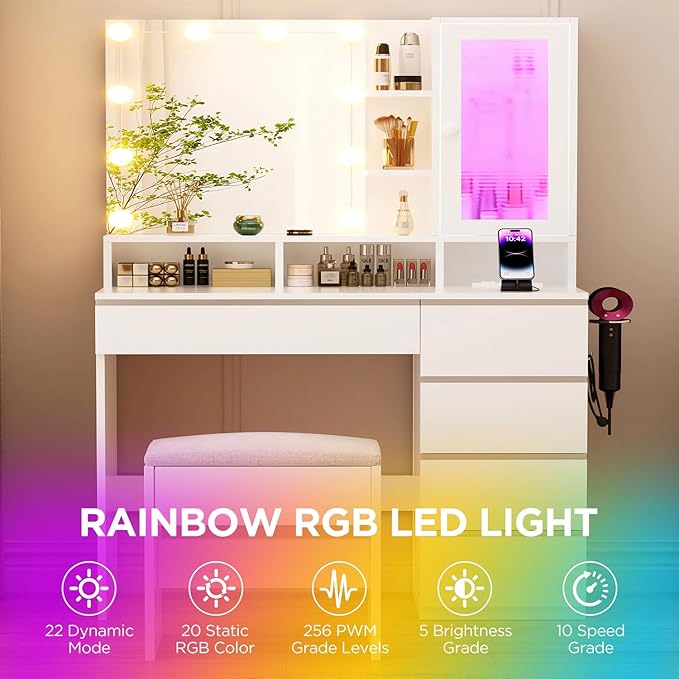 Vanity Desk with LED Lights Mirror, 35.43" Modern Makeup Table with 6 Storage Drawers & Stool for Ladies and Girls, RGB Light Makeup Desk with Power Outlet for Bedroom Dressing Room, White