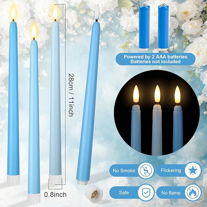 Macarrie 24 Packs Flameless Taper Candles Battery Operated Fake 11 Inch Long Candlelight LED Flameless Candlesticks Flickering Tapered for Spring Summer Wedding(Mixed Blue)