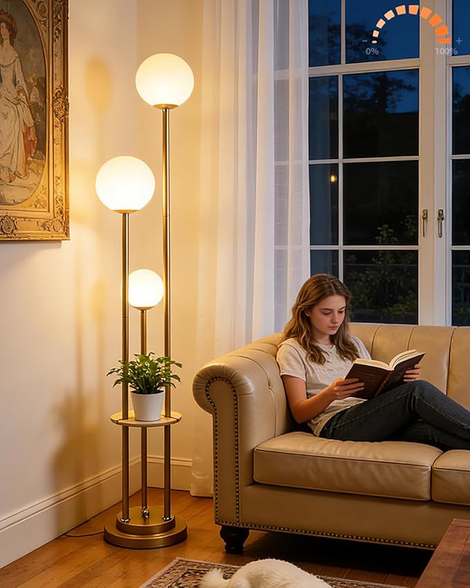Lightdot Gold Floor Lamp 3-Lights Dimmable Floor Lamps with Tray 3000K Bulbs Included Unique Modern Tall Standing Lamp for Living Room/Bedroom/Sofa Beside/Corner Decor