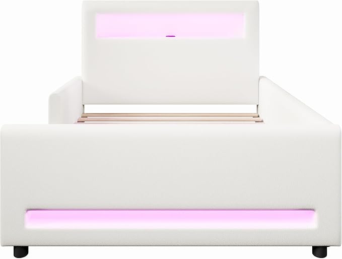 MERITLINE Twin Size Upholstered Platform Bed with Drawer, App-Controlled RGB LED Light Strip & USB Port, PU Fabric Storage Bed (White) | LED light, Storage Drawer