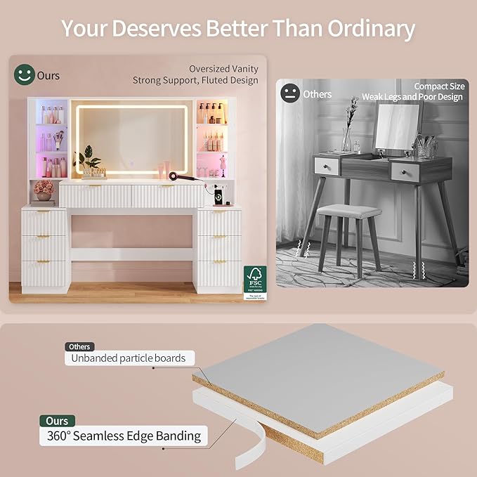 Big Vanity, Fluted Wood Makeup Vanity Desk with Mirror and Sound Sync LED Lights, Large Vanity Dressing Table, 8 Drawers, Charging Station for Girls, Women (White, 59.1" Width)