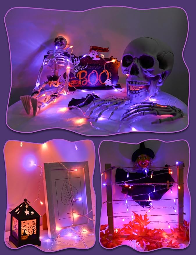 Halloween String Lights Battery Operated with Timer, Orange and Purple Fairy Lights Outdoor 9.8ft 30LED, Halloween Decorations for Party Yard Pathway Indoor Outdoor 2 Packs