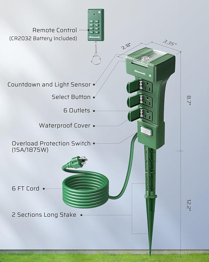DEWENWILS Outdoor Power Stake Timer Waterproof, 100FT Range Remote Control Outlet Timer, 6 Grounded Outlets 6FT Cord, Photocell Dusk to Dawn, for Lights, Garden, 1875W/15A UL Listed