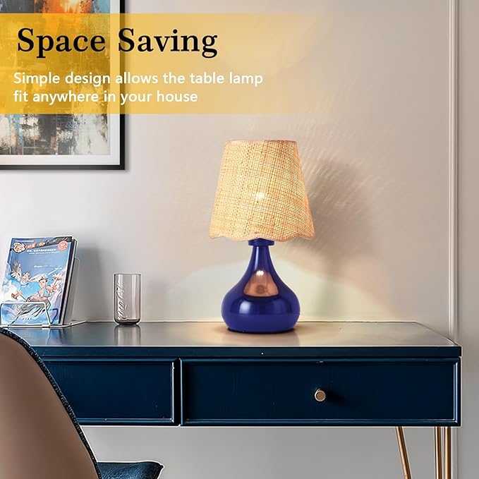 Navy Blue Small Table Lamp, Mini Bedroom Lamps for Bedside Nightstand, Rattan Shade Small Table Lamps for Small Spaces for Kitchen Counter, Bookshelf, Home Office, Living Room, Dorm