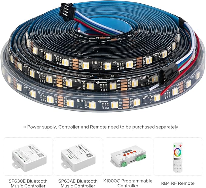 BTF-LIGHTING WS2805 IC RGBCCT Addressable Dual Data LED Strip 5050SMD 16.4FT 60LED/m 20Pixel/m 5 Colors in 1 Chasing Color RGB+CCT 3000K-6500K Lights Strip IP30 DC12V(No Adapter or Controller)