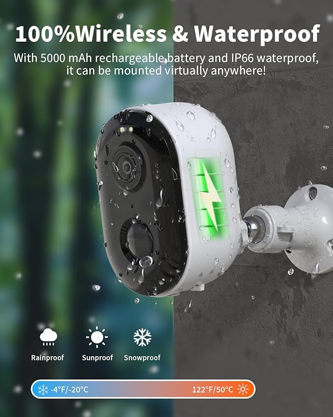 Security Cameras Wireless Outdoor, Battery Powered 2k Color Night Vision, AI Motion Detection, IP66 Weatherproof, 2-Way Talk, SD/Cloud Storage, 2.4Ghz WiFi Cameras for Home Security(with Solar Panel)