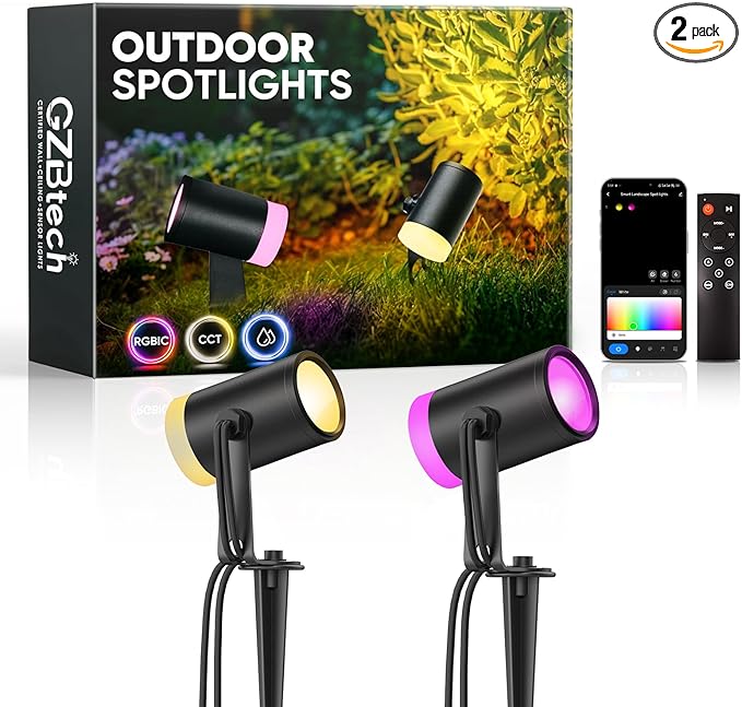 GZBtech Waterproof Landscape Spotlights, 24V RGB+IC+CCT Color Changing Outdoor Pathway Lighting, App&Remote Control Work with Alexa, Aluminum Dimmable LED Spot Light for Garden Yard Decor, 2 Pack