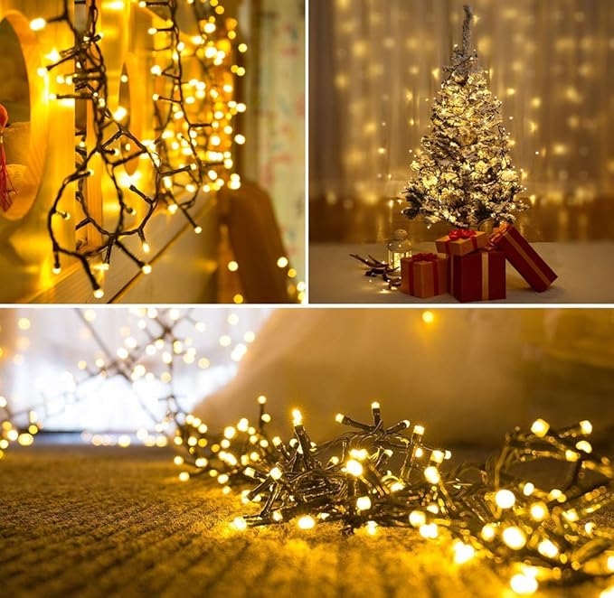 Indoor Christmas String Lights - 220 LEDs 82ft/25m Memory Function 8 Modes End-to-End Plug in Outdoor Waterproof Decorative Fairy Twinkle Xmas Lights for New Year/Tree/Wedding/Patio/Home - Warm White
