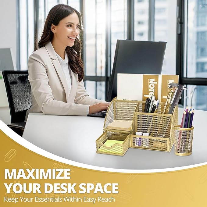 Flexzion Desk Caddy Organizer Set (Gold) - Metal Mesh Desktop Caddy with Drawers, 6 Compartments, and Pencil Holder for Women & Men - Desktop Organizer and Storage for Work or Office Supplies