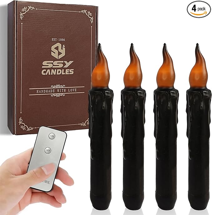 Black Candlesticks Flameless Taper Candle, 4pcs Real Wax LED Tapered Candles Remote Dipped Candle 6inches Battery Chandelier for Enchanting Weddings Harry Potter Inspired Vigils,B