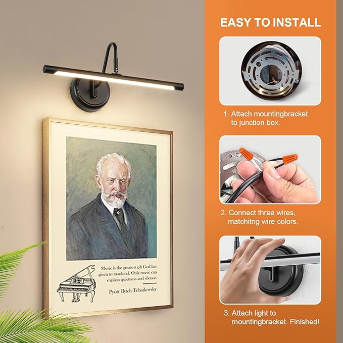 JOOSENLUX Picture Lights for Paintings Hardwired 16.5" Inch Long Dimmable Black Wall Lights with Adjustable Lighting Direction 110V 3000K