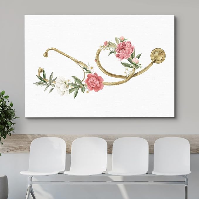 wall26 Canvas Print Wall Art Gold Doctor's Stethoscope Rose Flowers Medical & Hospital Health Illustrations Modern Art Floral Botanical Colorful Decorative for Living Room, Bedroom, Office - 24"x36"