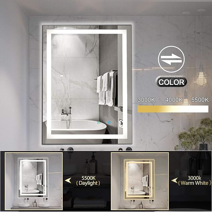 LED Vanity Mirror with Light, 24 x 32 Inch Smart Dimmable Dressing Mirror, Anti-Fog Mirror with CRI 95+ LED, Smart Touch Button, 3 Colors Lights for Wall, Bathroom, Living Room