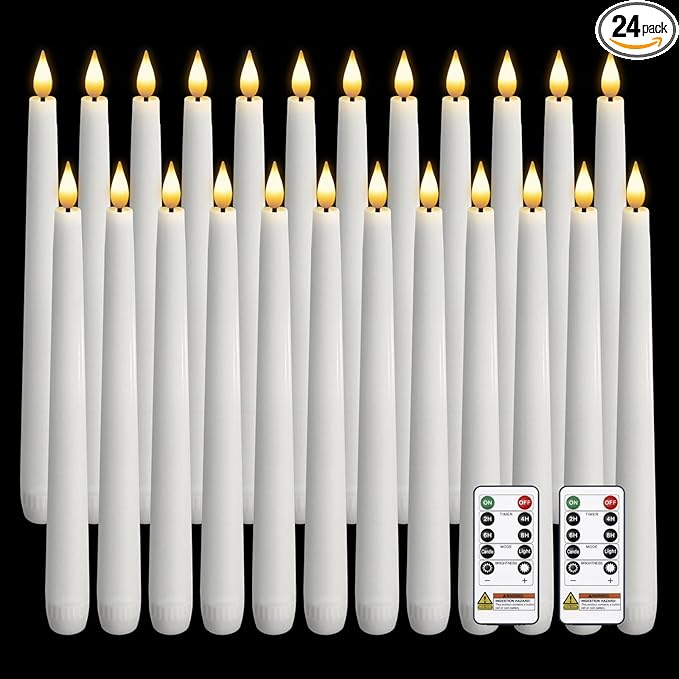 Homemory 24 Pcs Waxy Flameless Taper Candles with Remote, Led Flameless Candlesticks Classic Tall Candle, Flickering Battery Operated Taper Candles for Bedroom, Dining Room, White, 9.6 inches