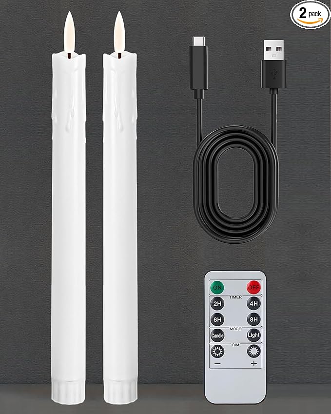 9.6" Rechargeable Flameless Taper Candles with Remote, Timer, Dimmer, Ivory LED CandleSticks, 2 Pack USB Long Candles Battery Operated for Window, Table, and Mantel Decor
