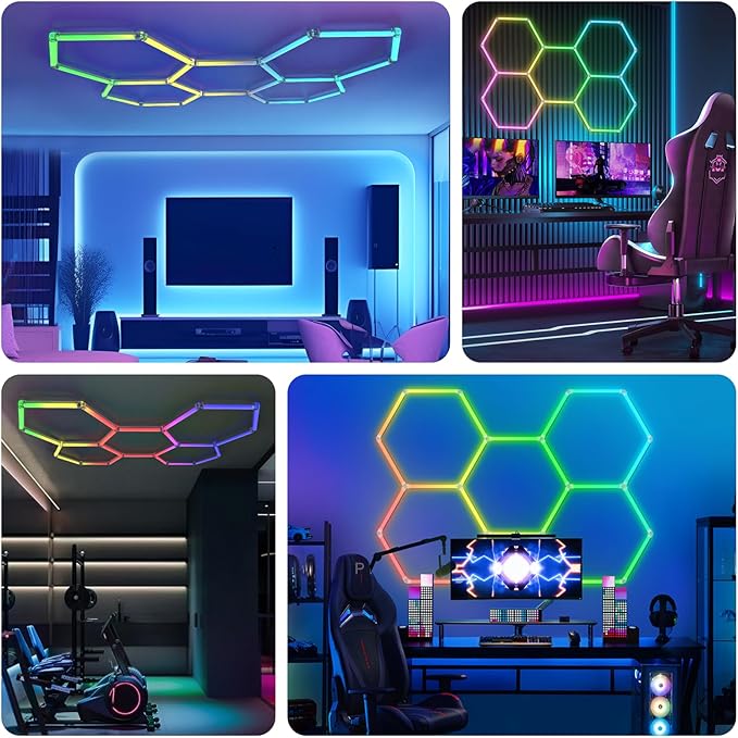 HYPERLITE Hexagon Garage Lights: 5 Grid RGB Hexagon LED Lights with Music Sync Mode, App & Remote Control, Multi-Color Honeycomb Light for Gaming Room, Gym, Garage
