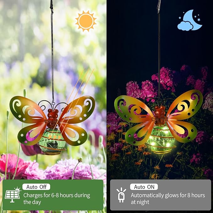2 Pack Butterfly Garden Decor with Bouncy Springs Fairy Lights Birthday Gifts for Women Mom,Hanging Solar Lights Outdoor Waterproof Metal Solar Decoration Outside for Yard, Patio, Backyard, Porch