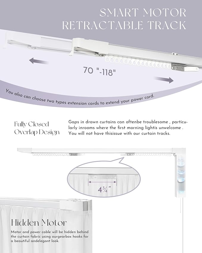 Graywind Smart Curtain Track Retractable Motorized Curtain Rail Compatible with Alexa Google Easy to Control by Voice, App, Remote (70" to 118" Width)