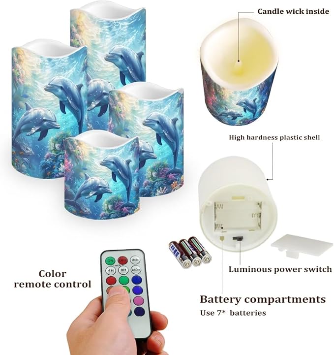 Sea Dolphin Flameless Candles with Remote Color Changing Battery Operated Pillar Candles with Flickering Flame Electric Fake Plastic Candles Tea Light Living Room Dining Table Decor