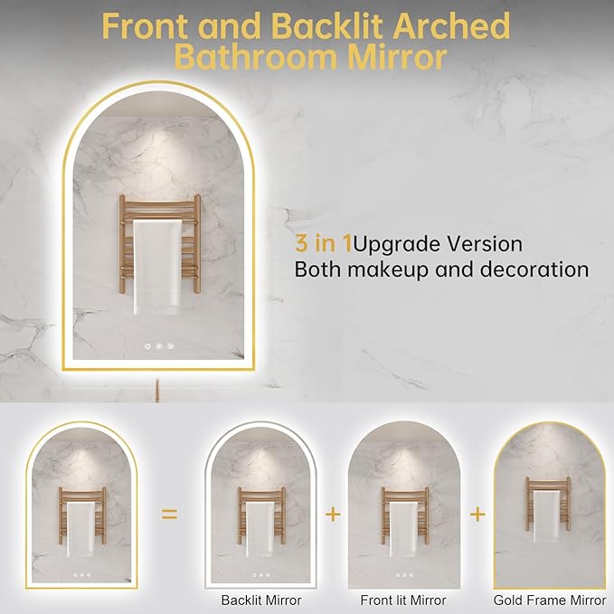 24"x36" Arched LED Mirror for Bathroom, Brushed Gold Lighted Bathroom Mirror with Lights, Fogless, Dimmable, Shatterproof, Touch Sensor, 3 Color Changing