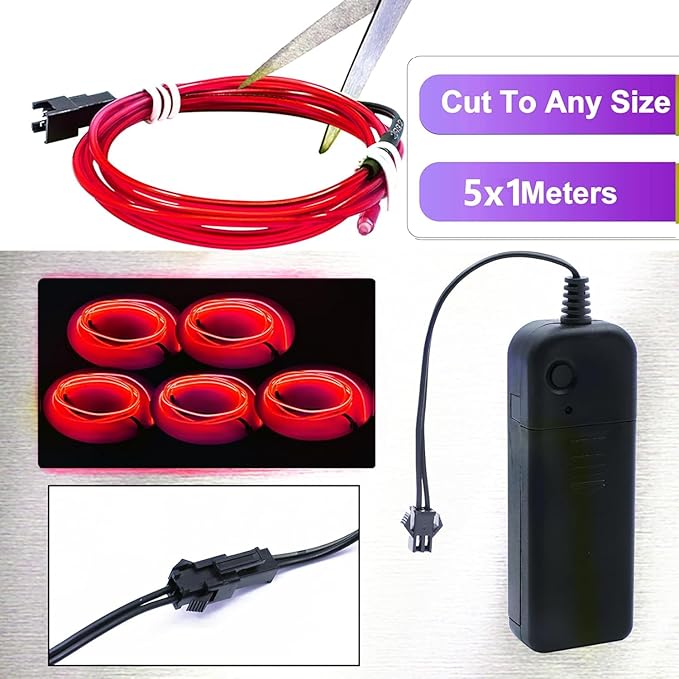 Ourbest 5in1 Electroluminescent Neon Strip Light Wire, EL Wire Lights Battery Pack for Cosplay Party Decoration 3Mode Stay/Slow/Fast Flash(10Pack 3Ft with 2 Battery Boxes Red)