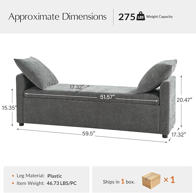 59.5" Modern Storage Ottoman Bedroom Bench, End of Bed Bench with Arms and Throw Pillows, Footrest Stool for Living, Dining Room, Entryway and Hallway, Charcoal