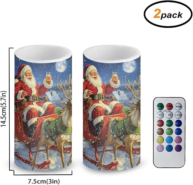Flameless Candles with Remote Santa Claus Sled Electric Candles Flickering Battery Operated LED Candles Color Changing with Remote Timer for Christmas Party Room Table Decor Set of 2
