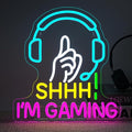 Game Neon Sign Shhh I'm Gaming Light Sign Blue Headset Hand Gesture Design Pink Neon Gaming LED Light USB Powered Dimmable Game Room Wall Decor for Bedroom Man Cave Teen Gamer Gifts