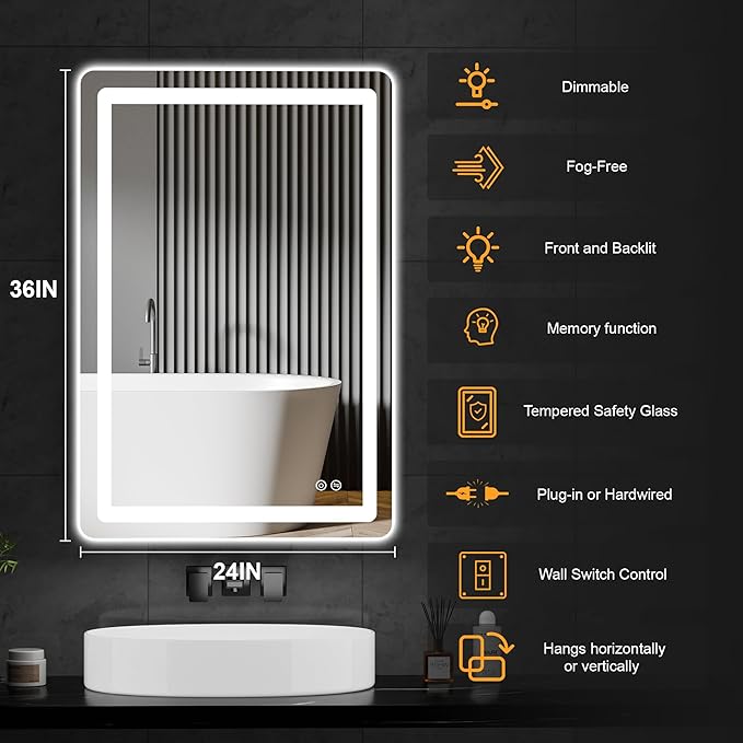 LED Bathroom Vanity Mirror with Light, 2pack 36"x24" Led Bathroom Vanity Mirror with Light for Wall, Anti-Fog, Dimmable 3 Colors, Memory Function, Backlit and Front Lit, Plug-in/Hardwired